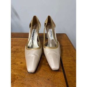Vtg 90s Proxy Womens 9 Made in Spain Gold Cream Leather Square Toe Pumps